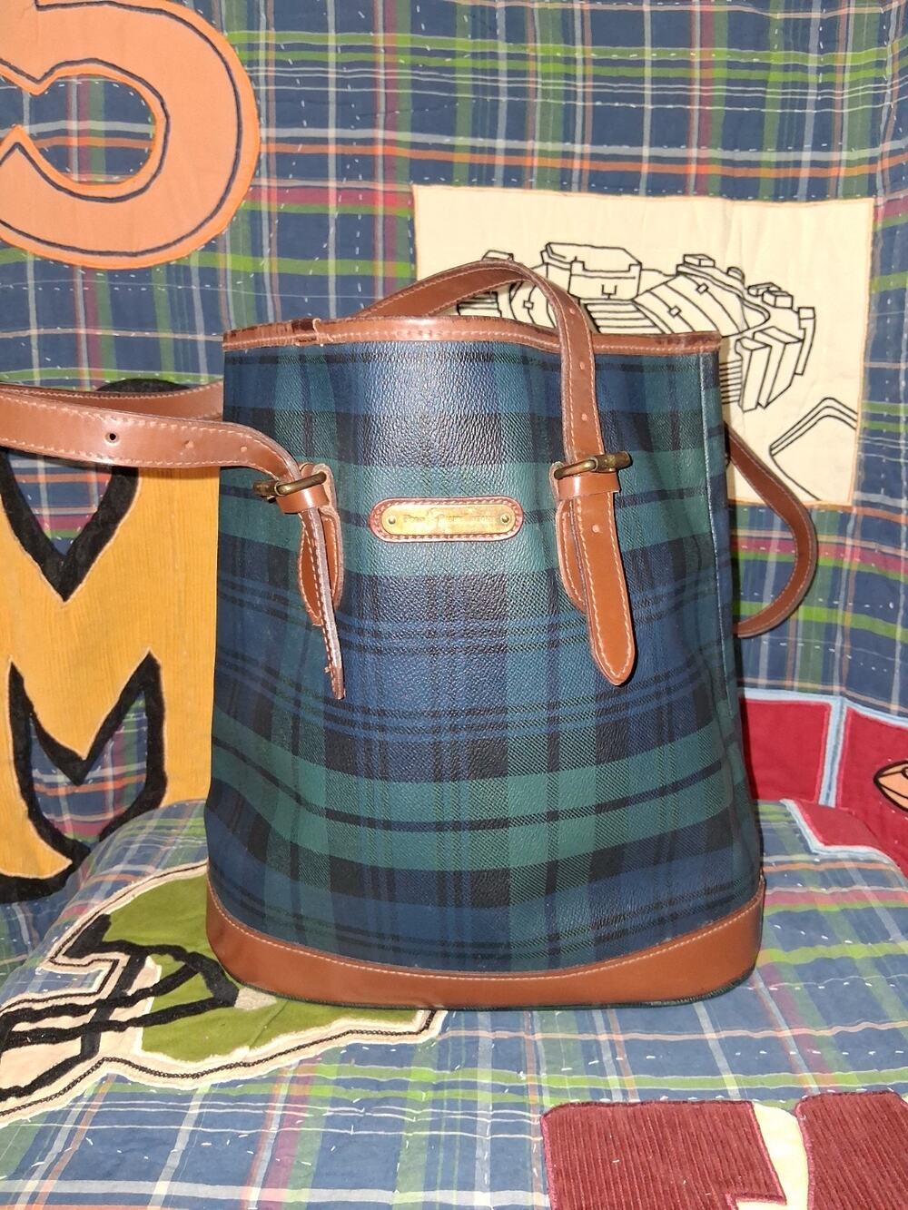 Vintage Polo Ralph Lauren Blue Green Tartan Plaid Coated Canvas Bucket Bag Tote